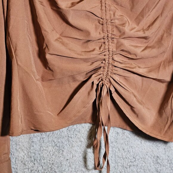 Milk & Honey Ruched Front Long Sleeve Blouse Button Cuffs XL Brown Polyester - Picture 6 of 12